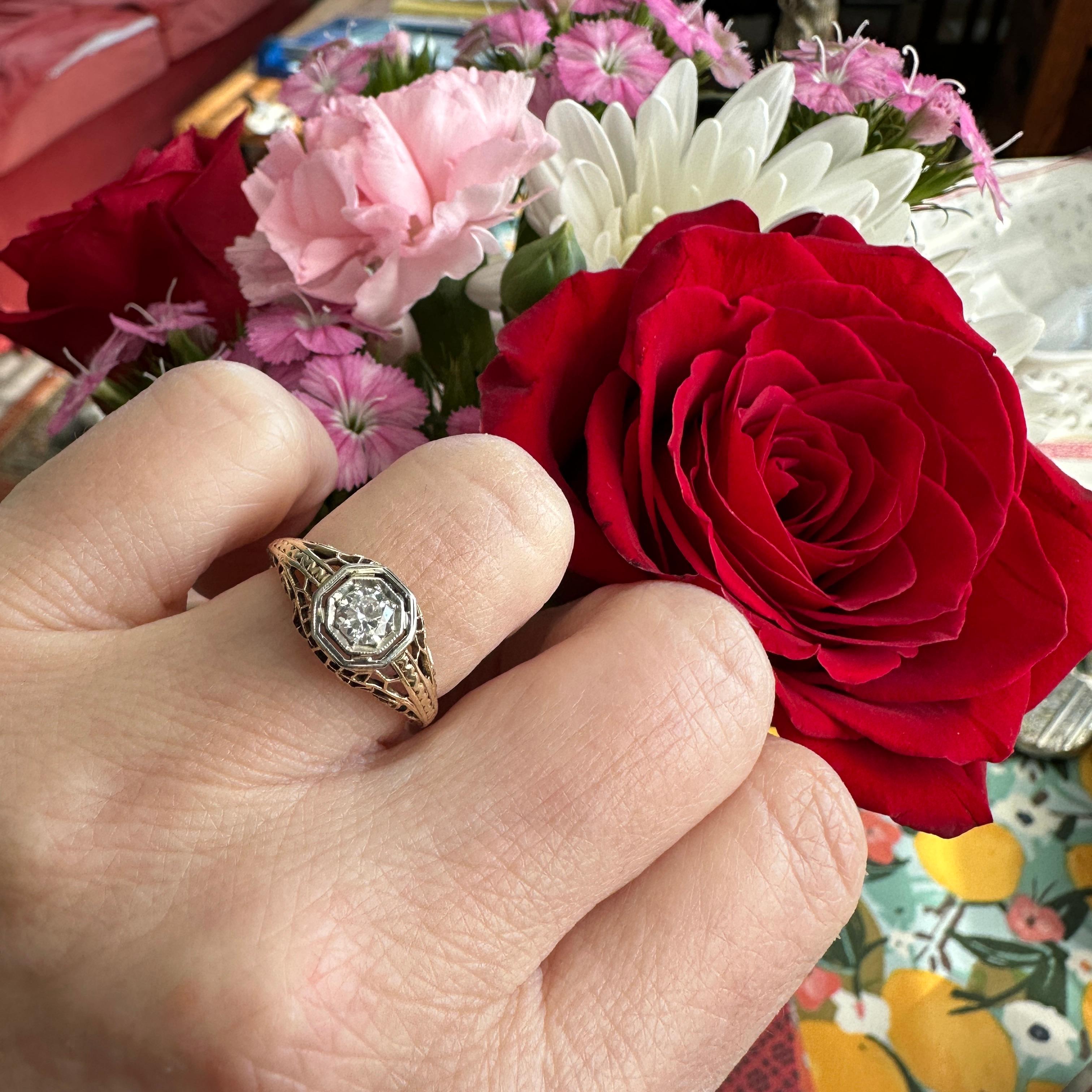 Edwardian Diamond Filigree 14K Yellow Gold Engagement Ring 1