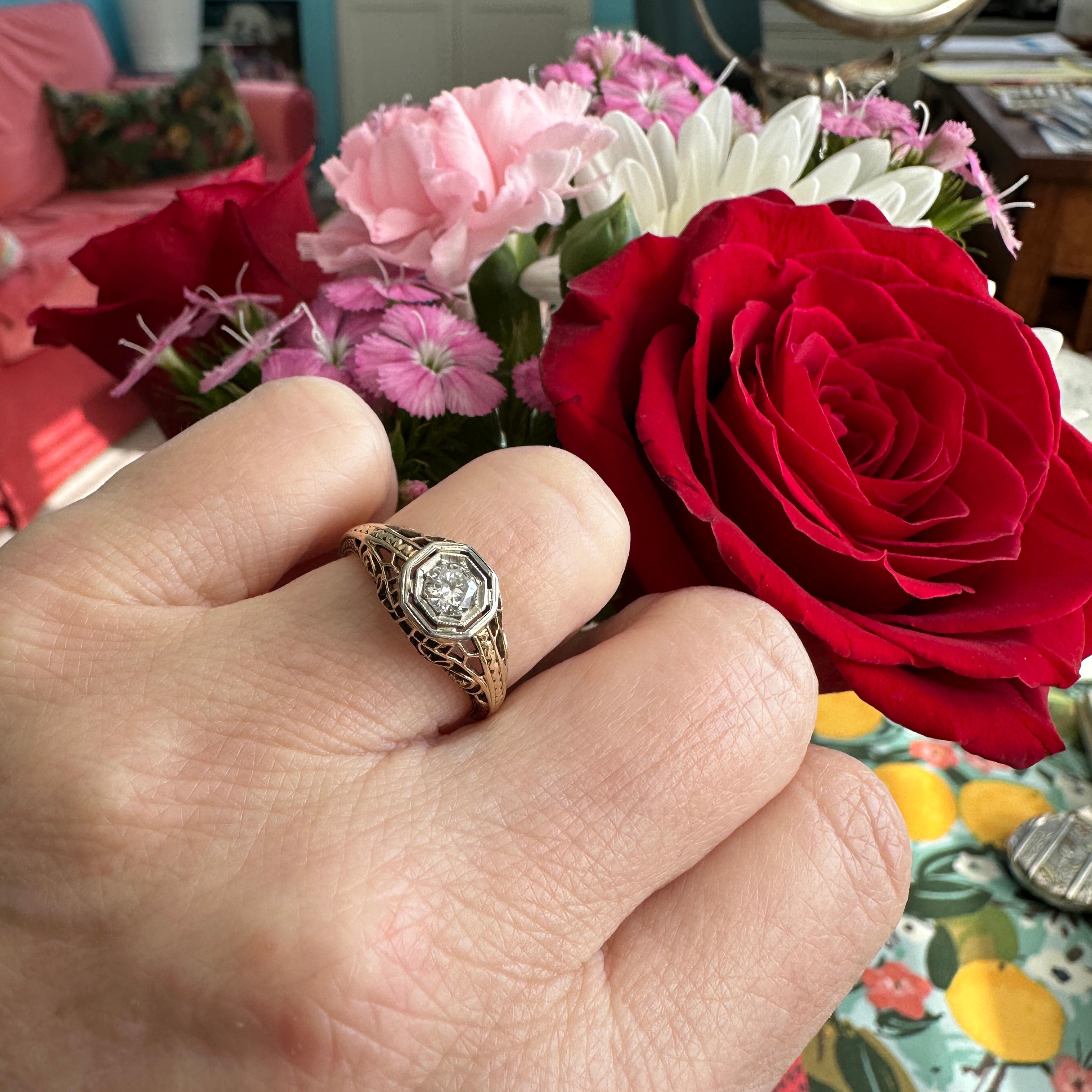 Edwardian Diamond Filigree 14K Yellow Gold Engagement Ring 2