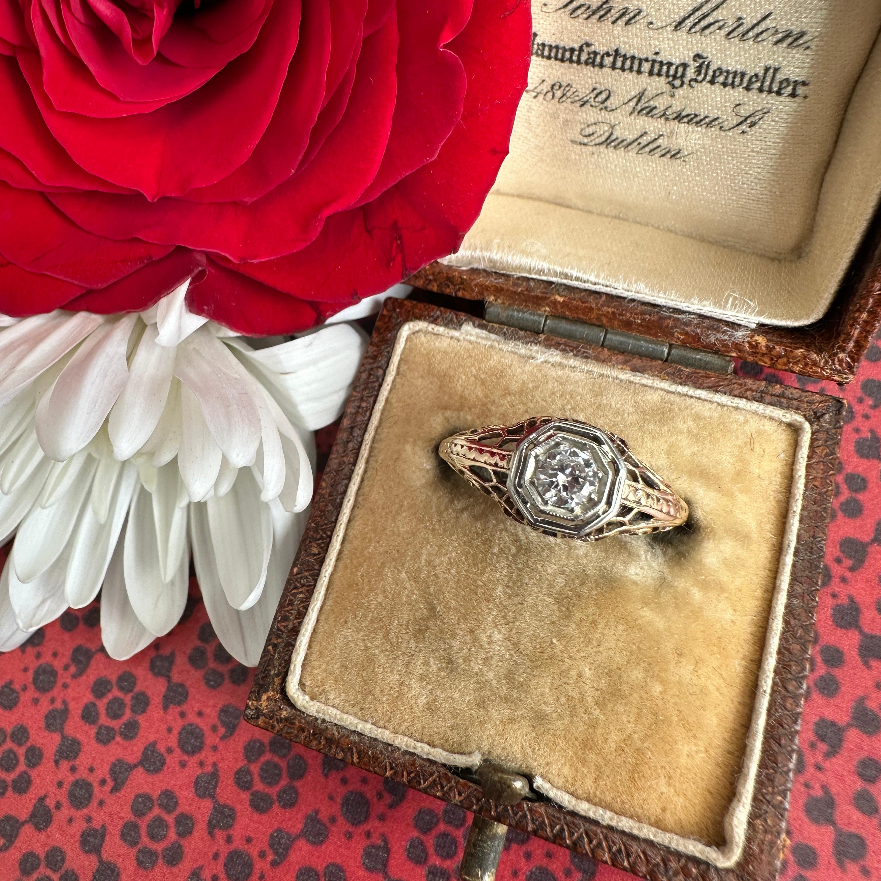 Edwardian Diamond Filigree 14K Yellow Gold Engagement Ring 3