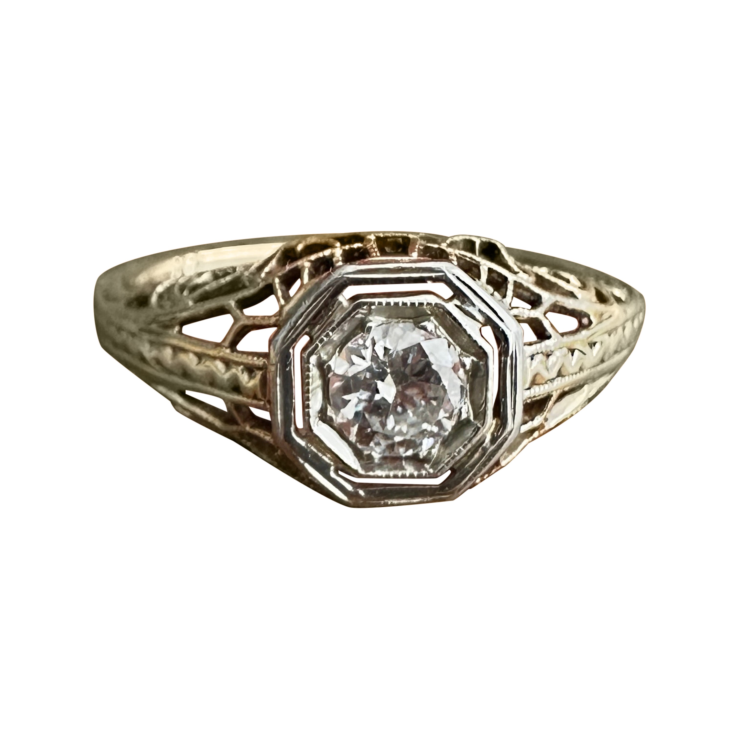 Edwardian Diamond Filigree 14K Yellow Gold Engagement Ring