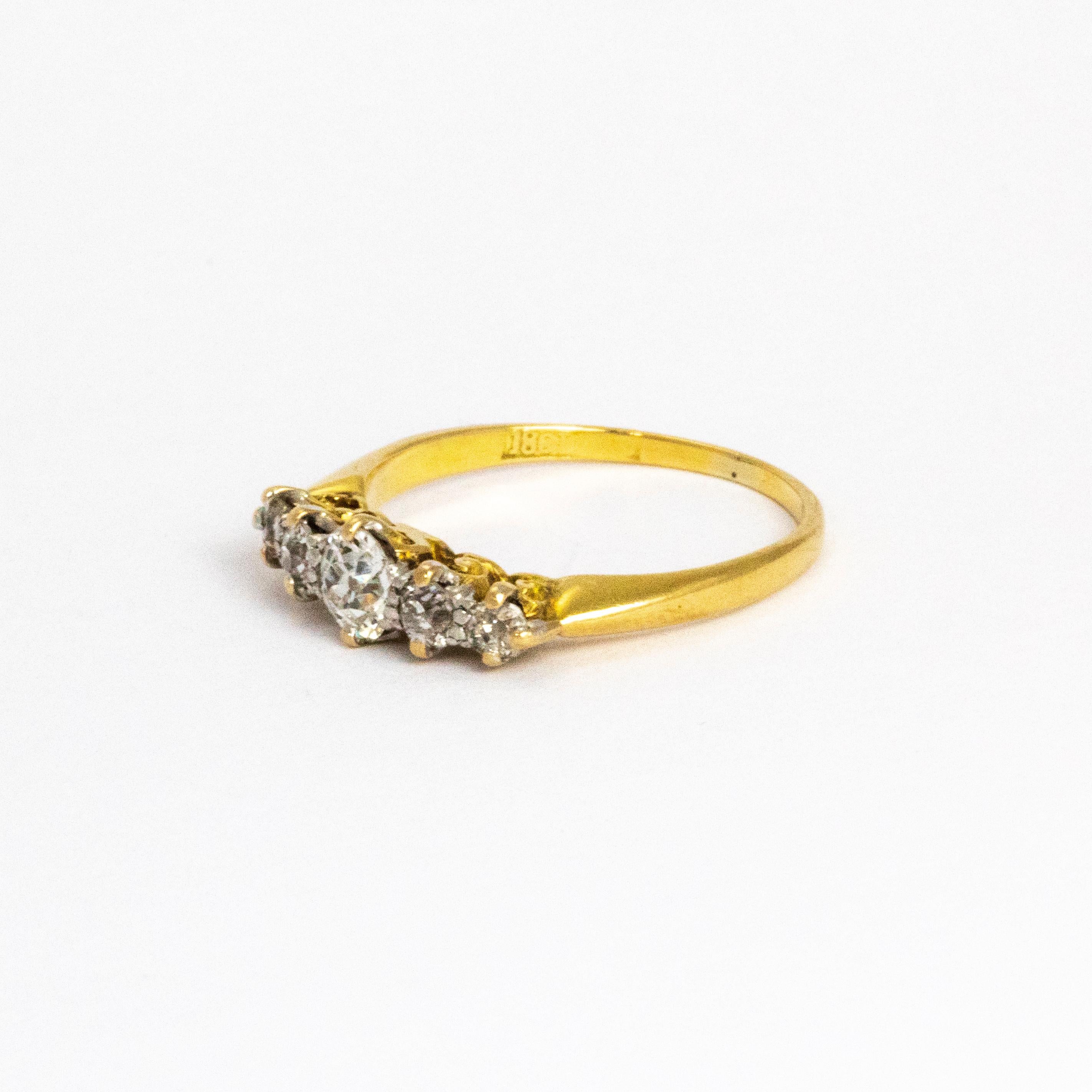 This five stone diamond ring holds five bright and sparkling stones with a total weight of 60pts. The ring is modelled in 18ct gold and has a scroll detailed setting.

Ring Size: M or 6 1/4
