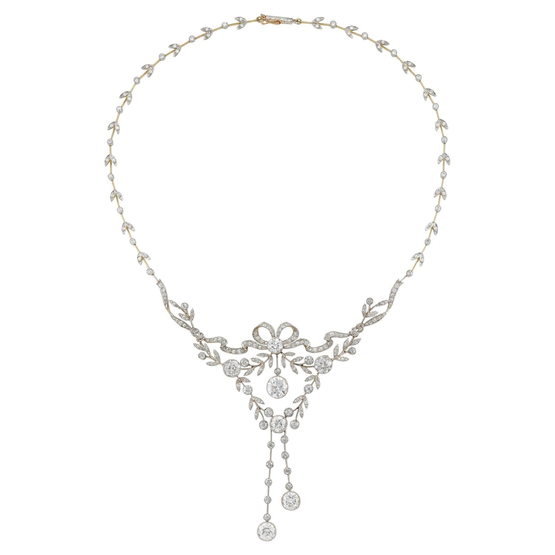 Collier goutte édouardien en platine avec guirlande de diamants