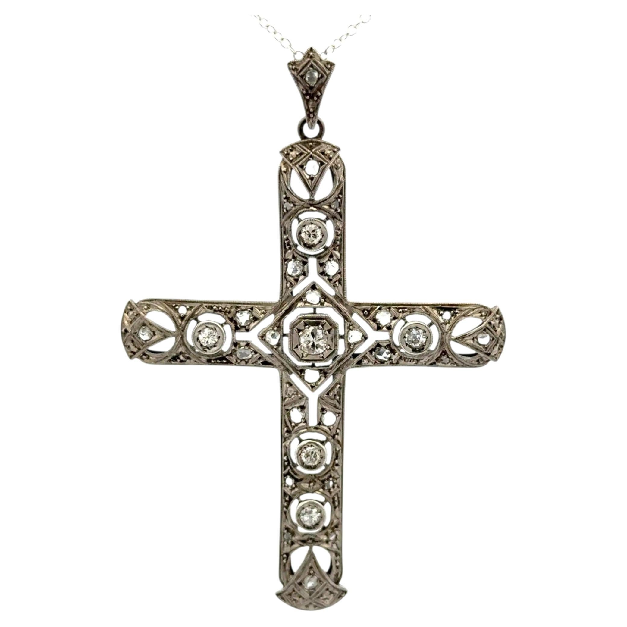 Edwardian Diamond Gold Cross Pendant c.1910 Necklace Estate Fine Jewelry