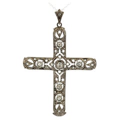 Edwardian Diamond Gold Cross Pendant c.1910 Necklace Estate Fine Jewelry