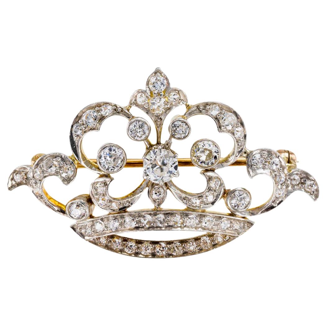 Edwardian Diamond Gold Platinum Crown Brooch