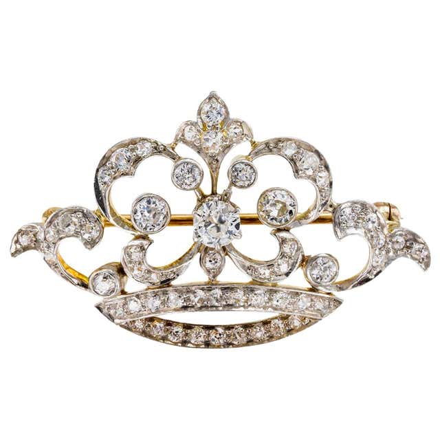 Edwardian Diamond Gold Platinum Crown Brooch at 1stDibs