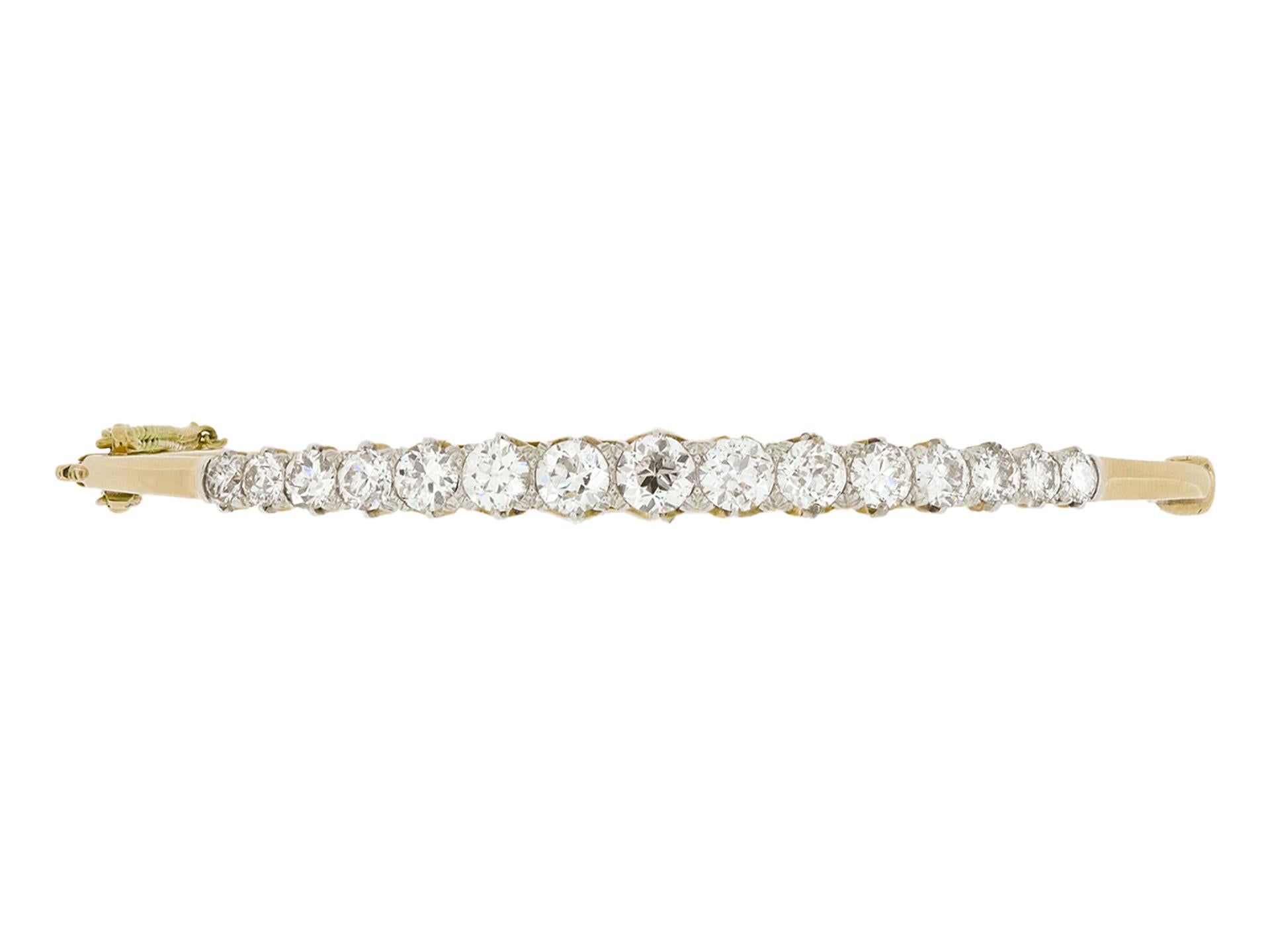 Edwardian diamond hinge bangle. Set with fifteen round old cut diamonds in open back claw and grain settings with a combined approximate weight of 2.60 carats, to an open elegant graduating design featuring curving claws, an intricate openwork