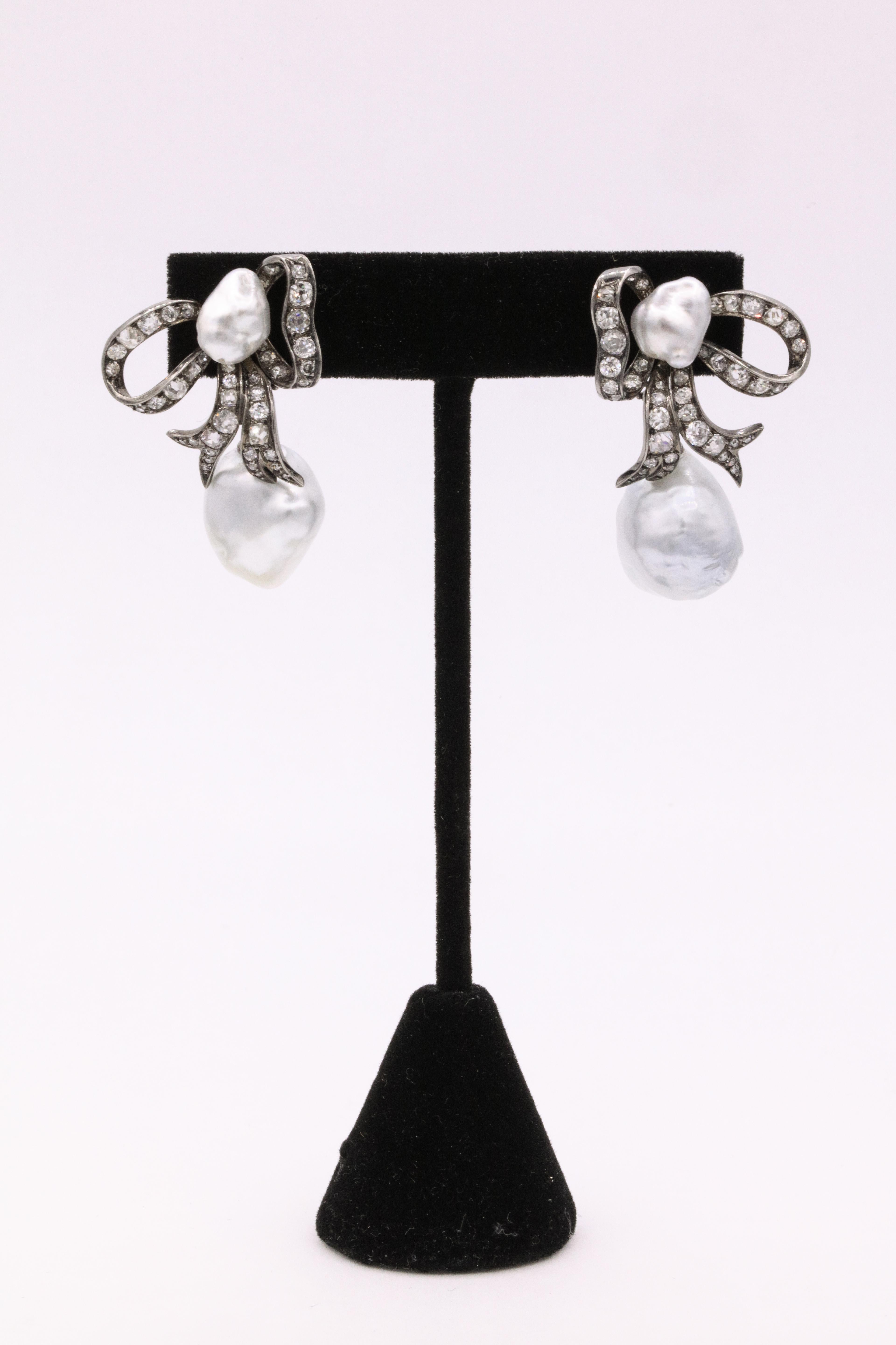 Round Cut Edwardian Diamond Keshi South Sea Pearl Earrings Platinum