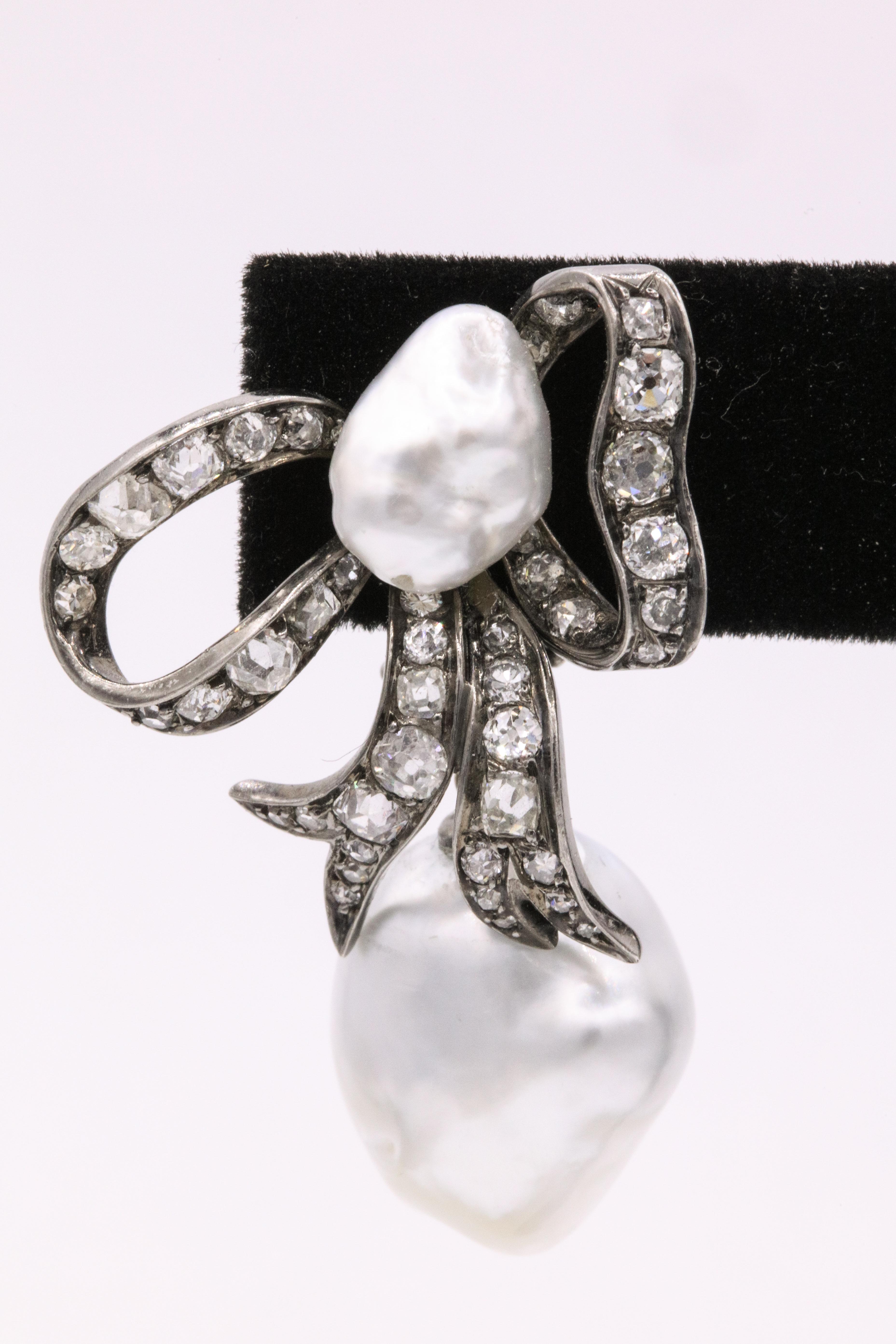 Edwardian Diamond Keshi South Sea Pearl Earrings Platinum In Excellent Condition In New York, NY