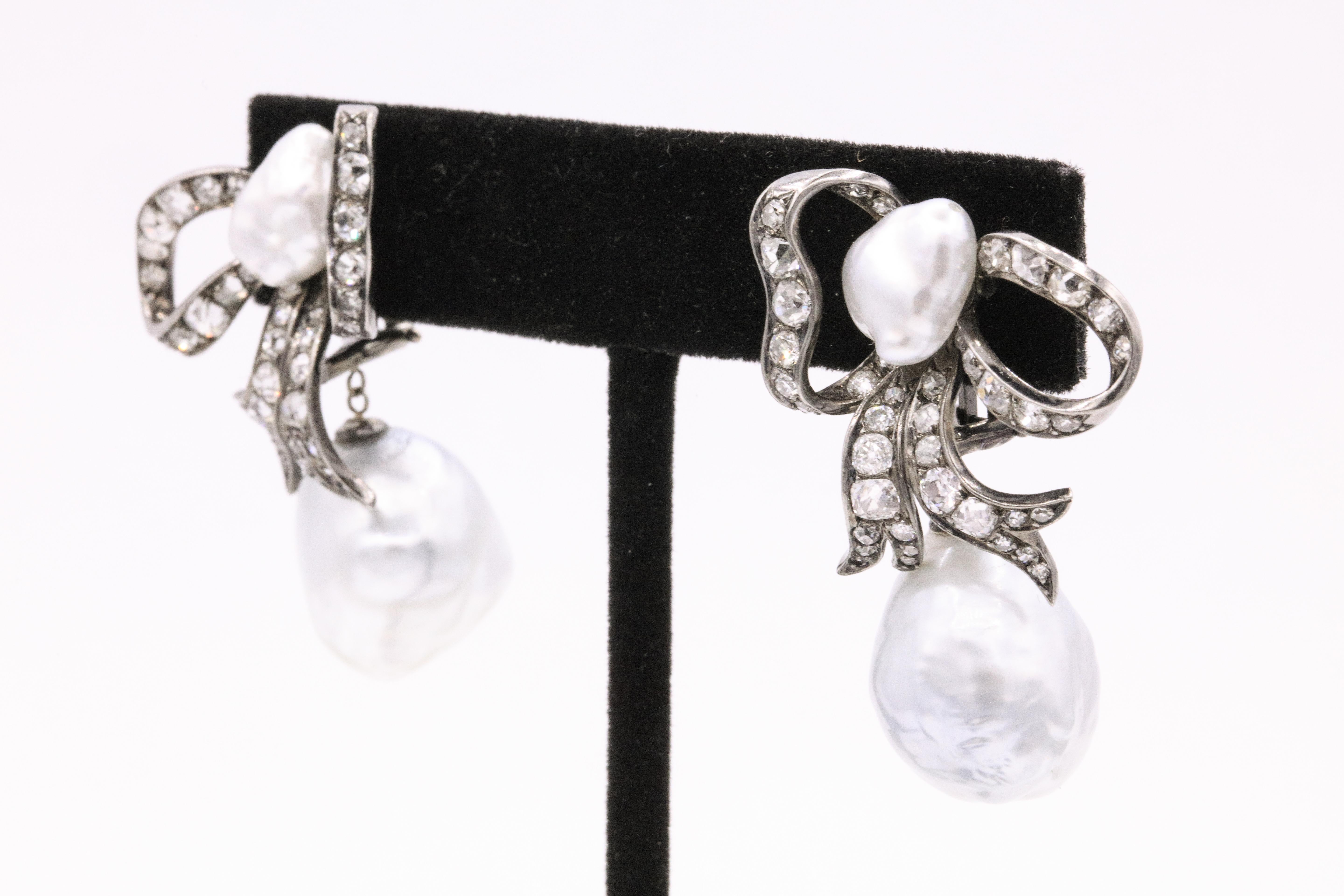 Edwardian Diamond Keshi South Sea Pearl Earrings Platinum 1