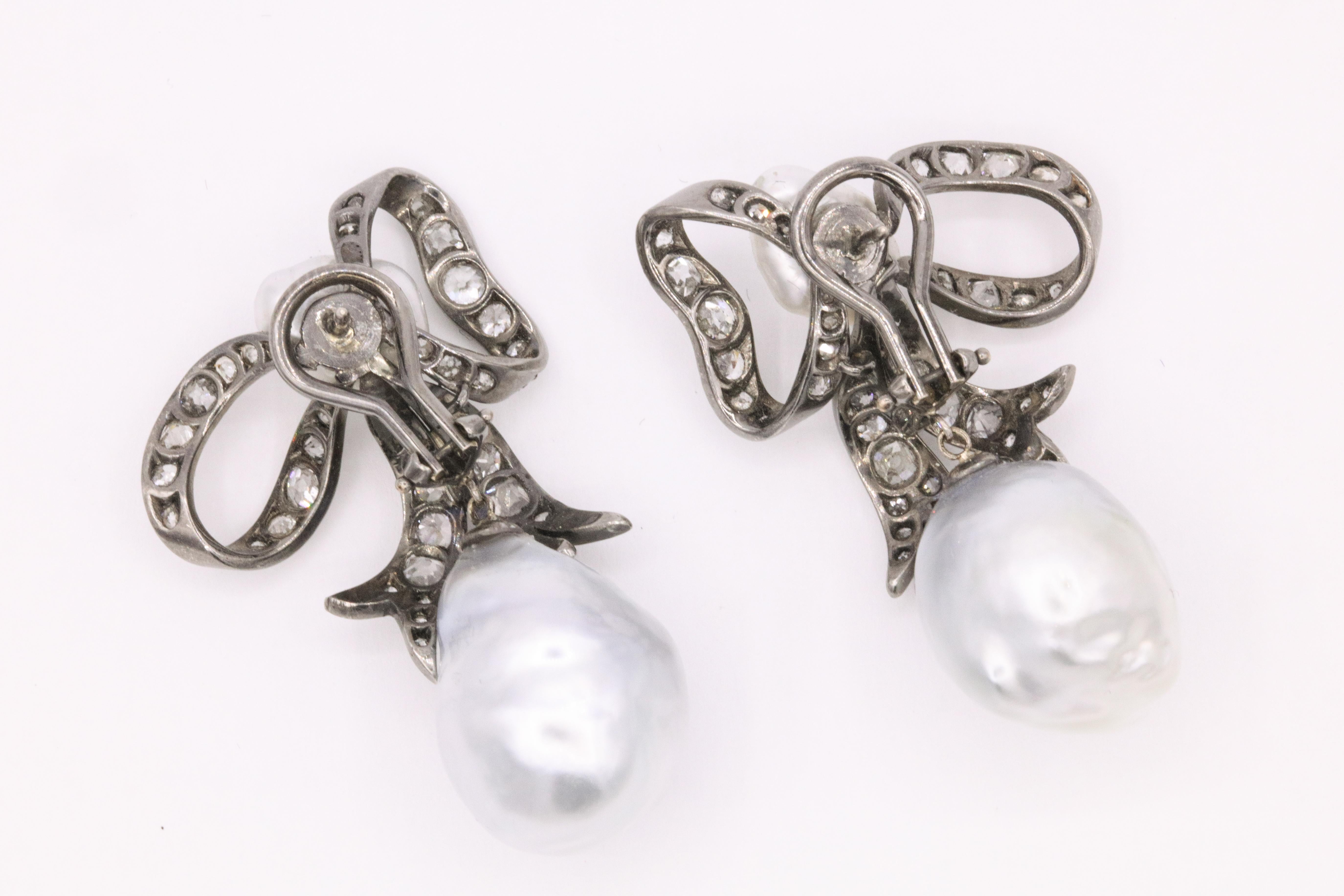 Edwardian Diamond Keshi South Sea Pearl Earrings Platinum 2