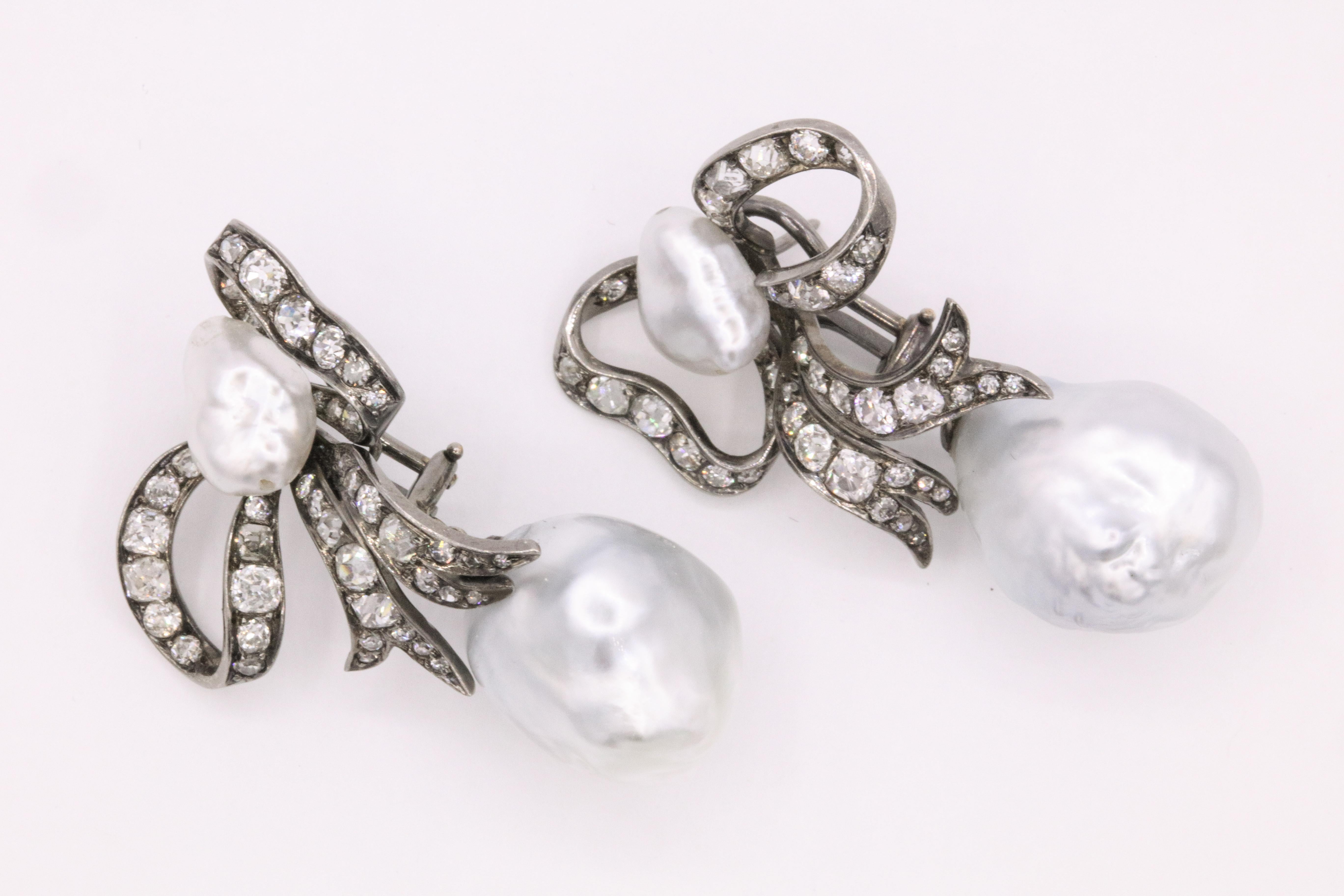 Edwardian Diamond Keshi South Sea Pearl Earrings Platinum 3