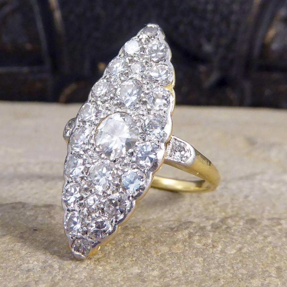Round Cut Edwardian Diamond Marquise Ring in 18 Carat Yellow Gold and Platinum