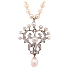 Edwardian Diamond Natural Cultured Pearl Antique Pendant Necklace Platinum Gold