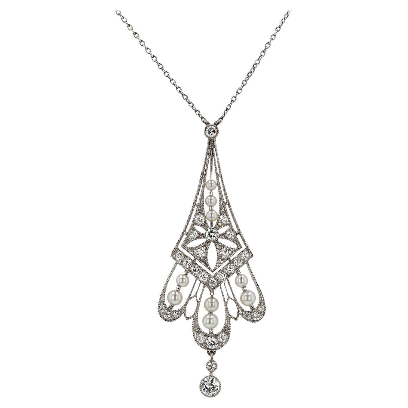 Collana con diamante e perla naturale Lavalière in platino di epoca edoardiana