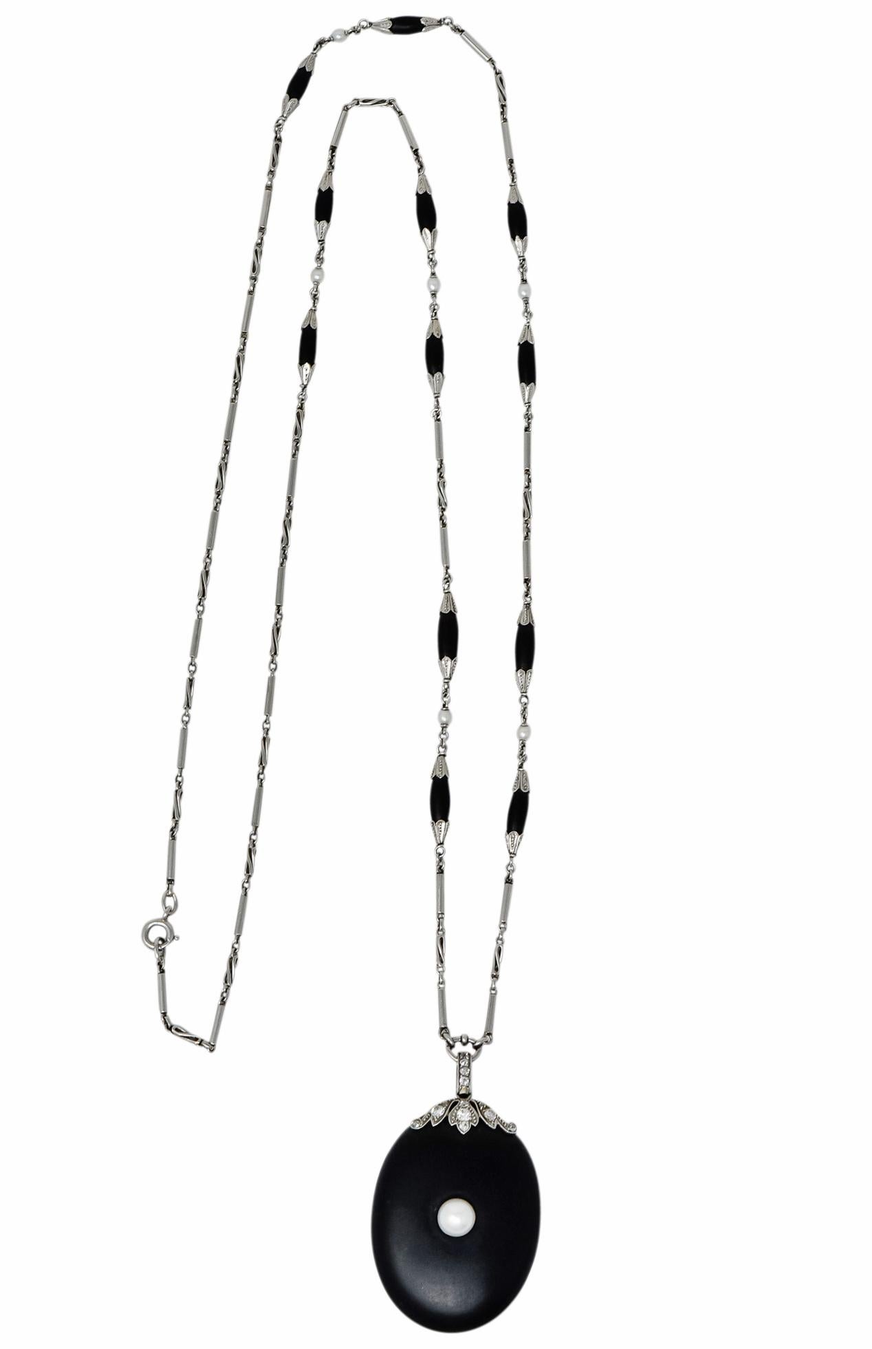 Edwardian Diamond Natural Pearl Onyx Platinum Long Chain Necklace, circa 1910 5