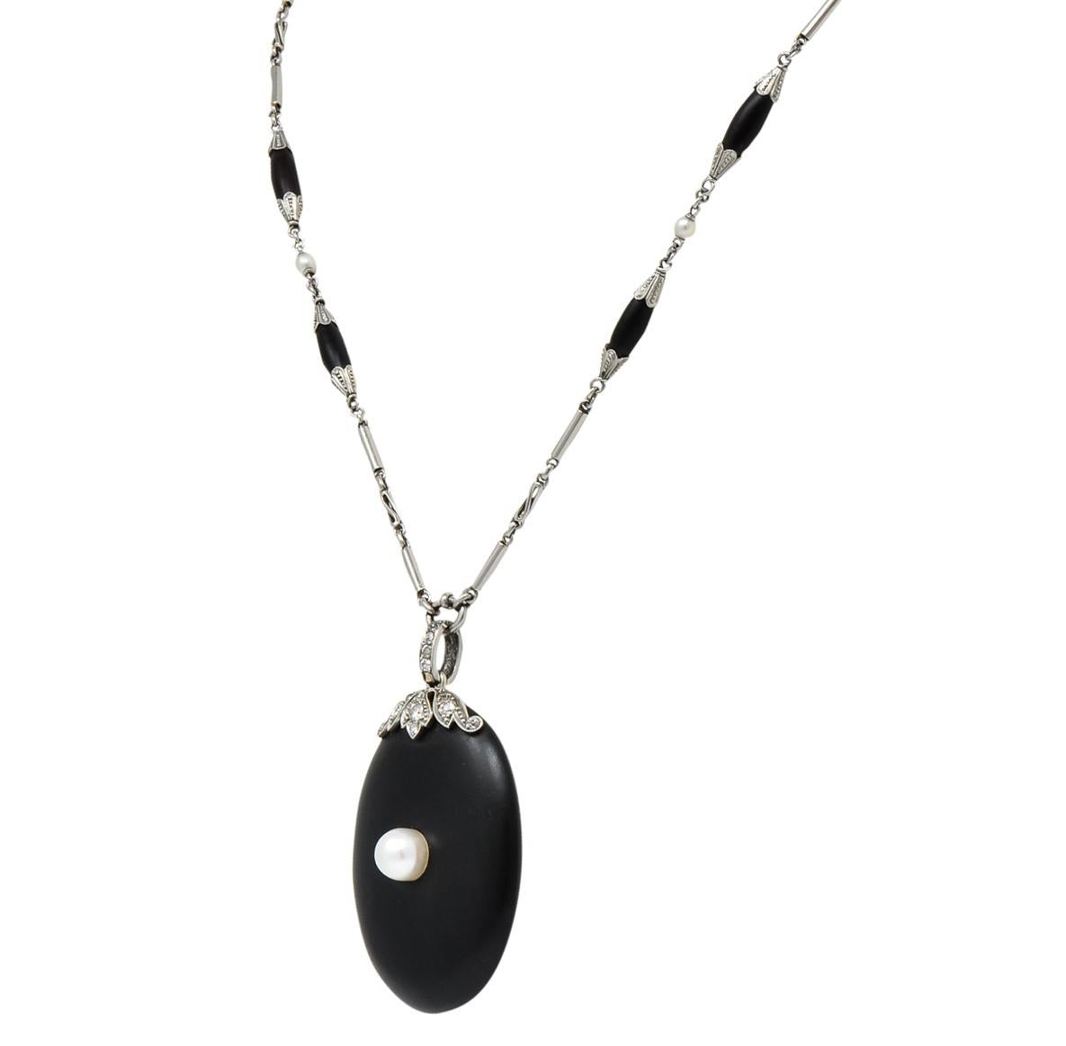 Edwardian Diamond Natural Pearl Onyx Platinum Long Chain Necklace, circa 1910 In Excellent Condition In Philadelphia, PA