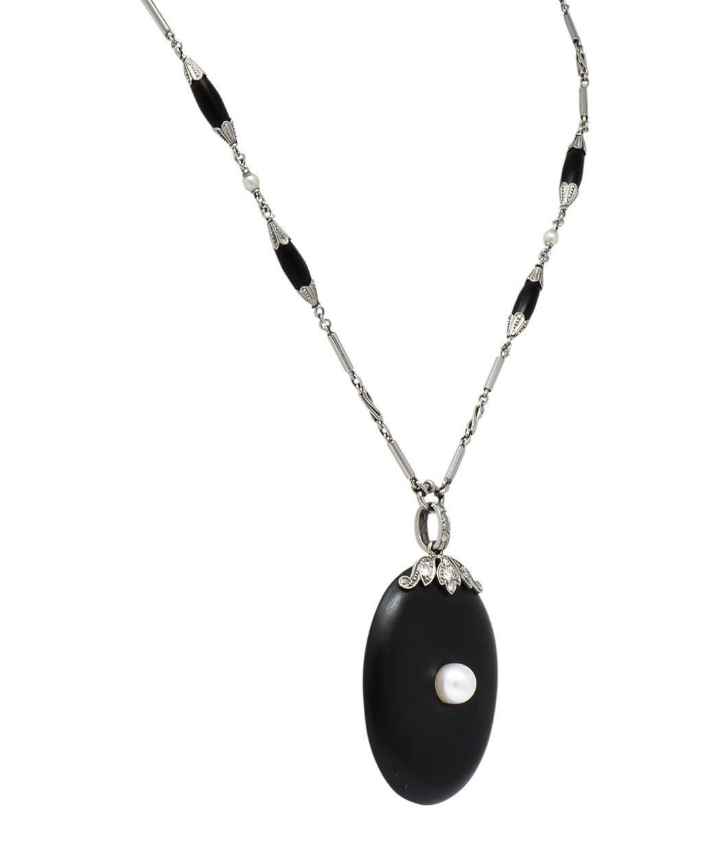 Women's or Men's Edwardian Diamond Natural Pearl Onyx Platinum Long Chain Necklace, circa 1910