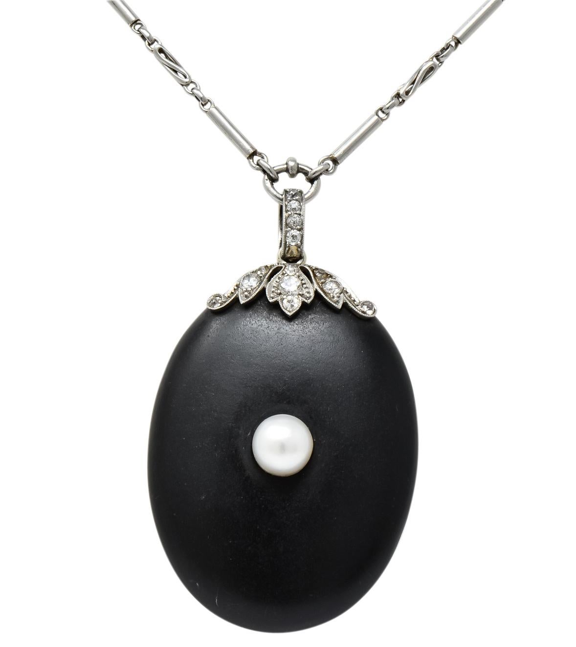 Edwardian Diamond Natural Pearl Onyx Platinum Long Chain Necklace, circa 1910 2