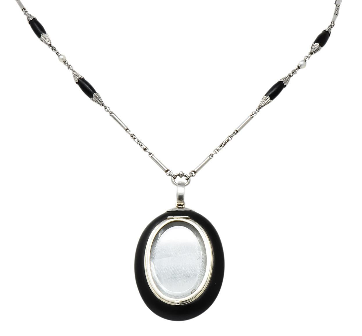 Edwardian Diamond Natural Pearl Onyx Platinum Long Chain Necklace, circa 1910 4