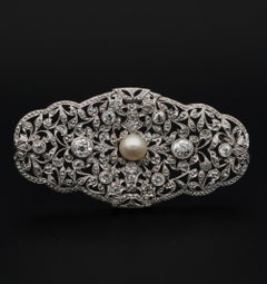 Edwardian Diamond Natural Pearl Platinum Large Statement Brooch