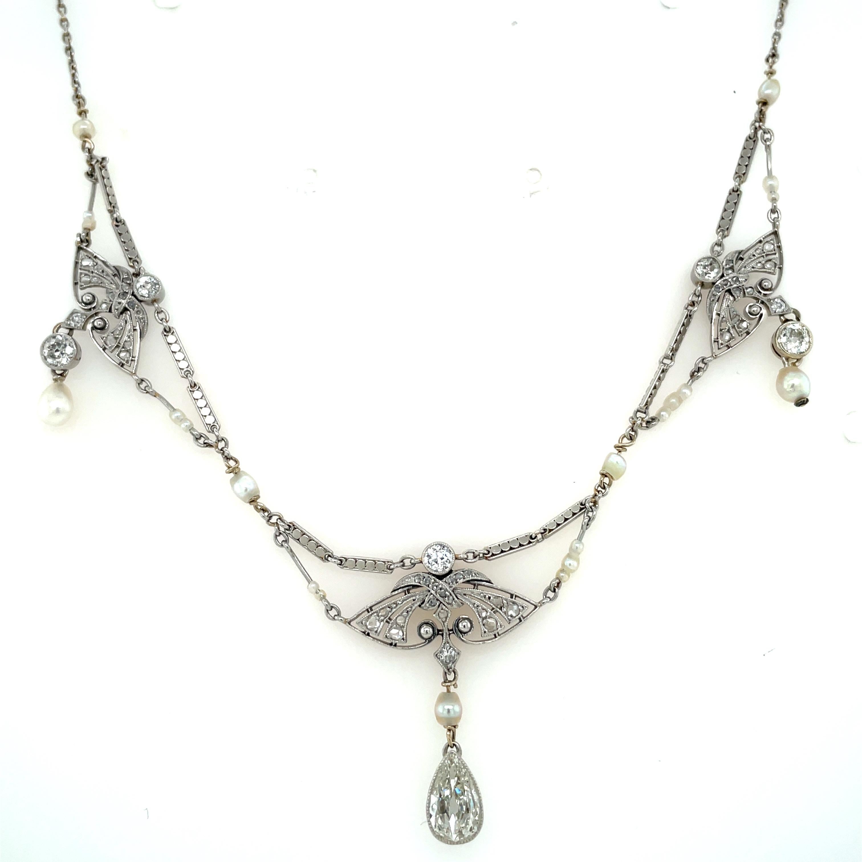 Pear Cut Edwardian Diamond Natural Pearls Necklace in Platinum For Sale