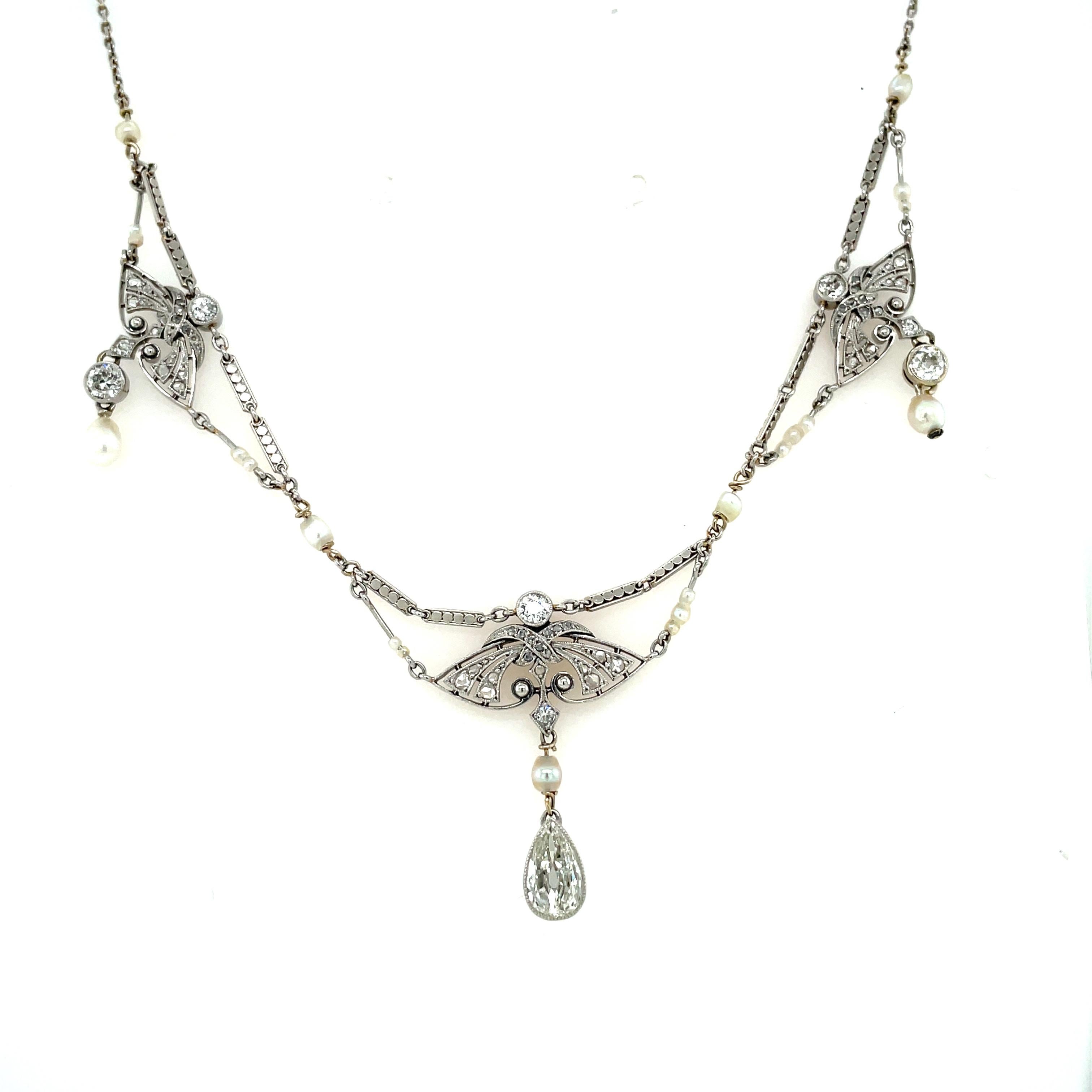 Women's Edwardian Diamond Natural Pearls Necklace in Platinum For Sale