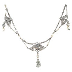 Antique Edwardian Diamond Natural Pearls Necklace in Platinum