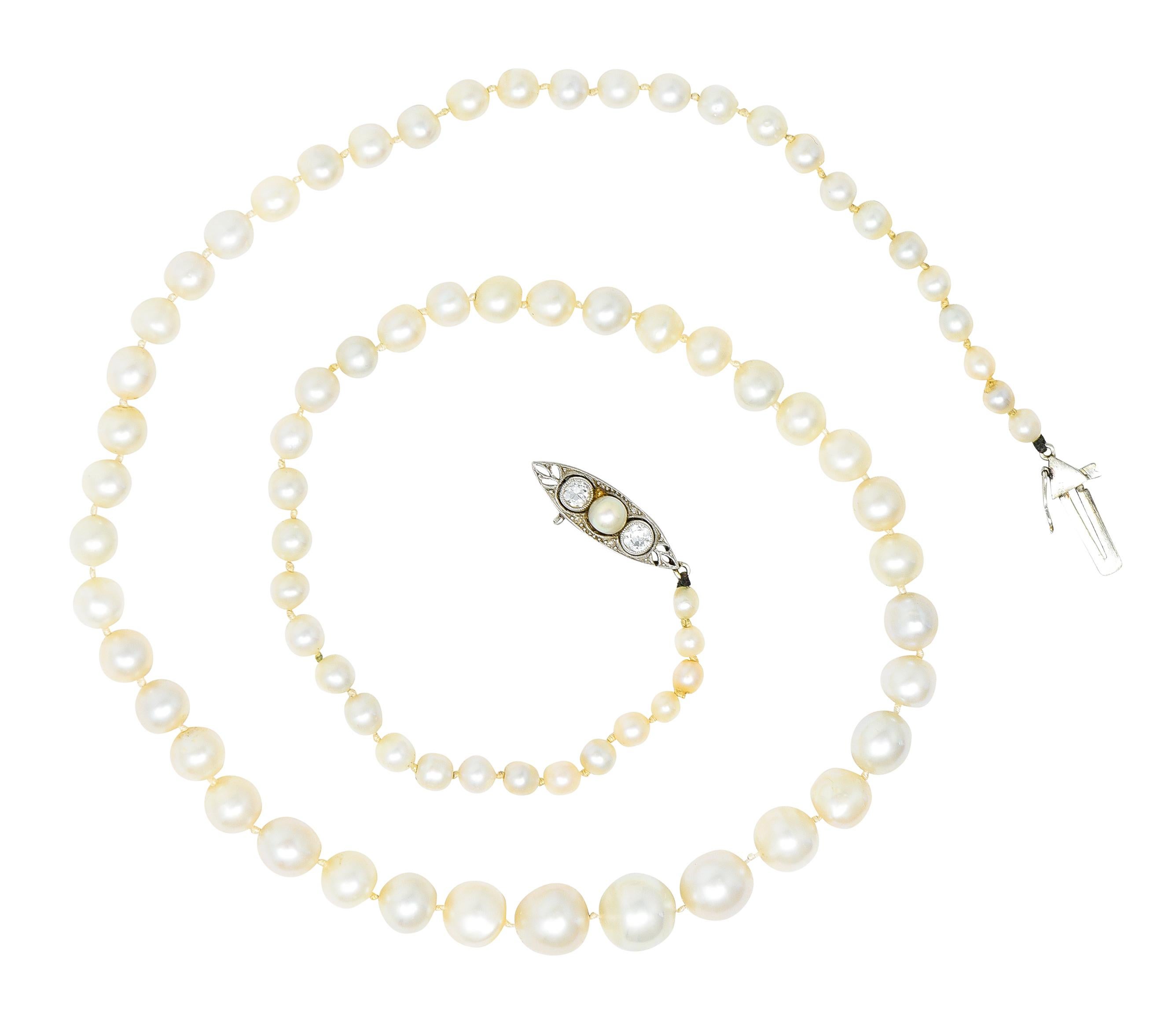 Strand necklace is comprised of natural saltwater pearls - hand knotted

Graduating in size from 8.5 mm to 3.0 mm and well matched in cream body color

Featuring moderate to strong rosè overtones while some exhibit strong iridescence

With very good