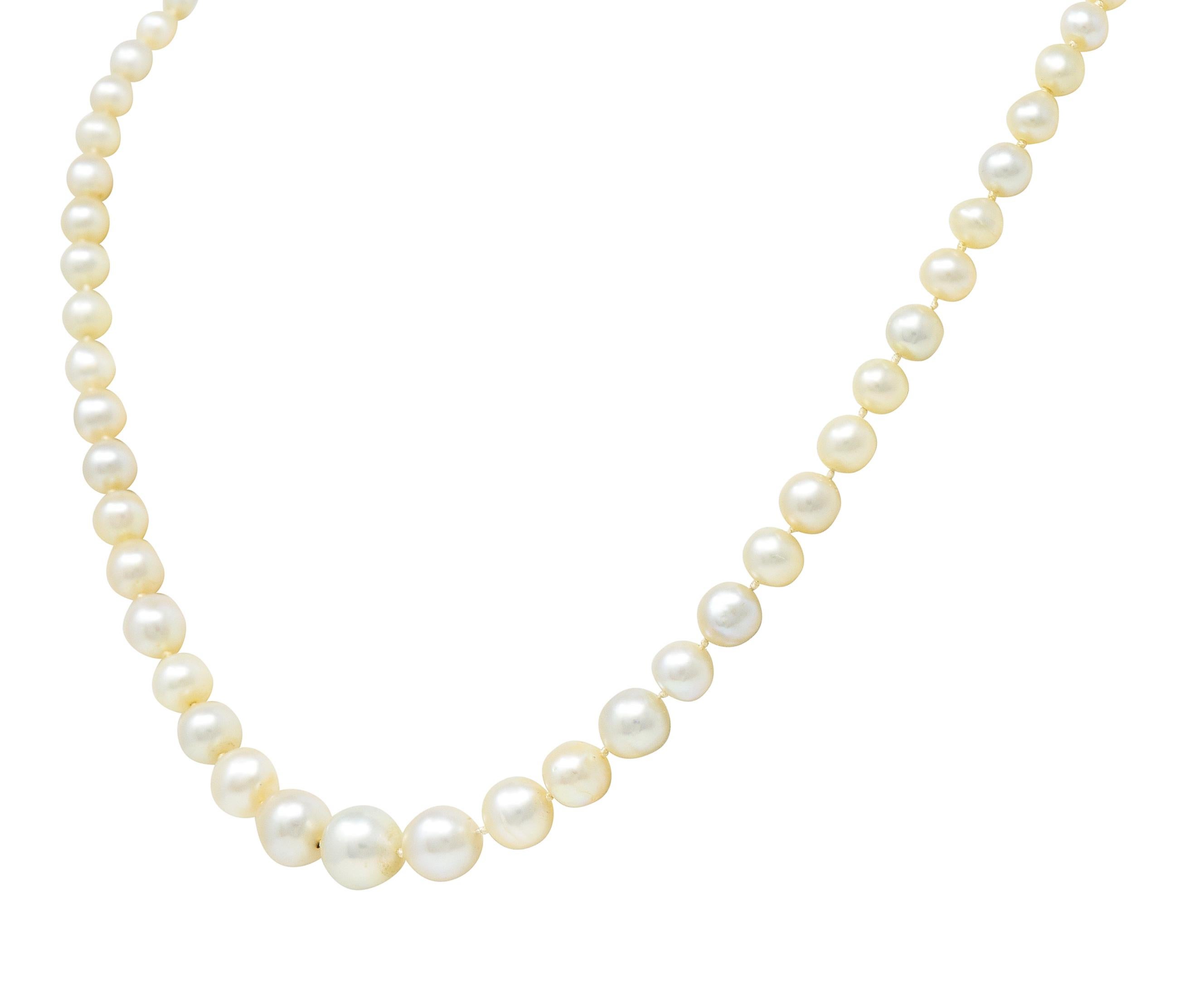 Edwardian Diamond Natural Saltwater Pearl Platinum-Topped 18 Karat Gold Necklace In Excellent Condition In Philadelphia, PA
