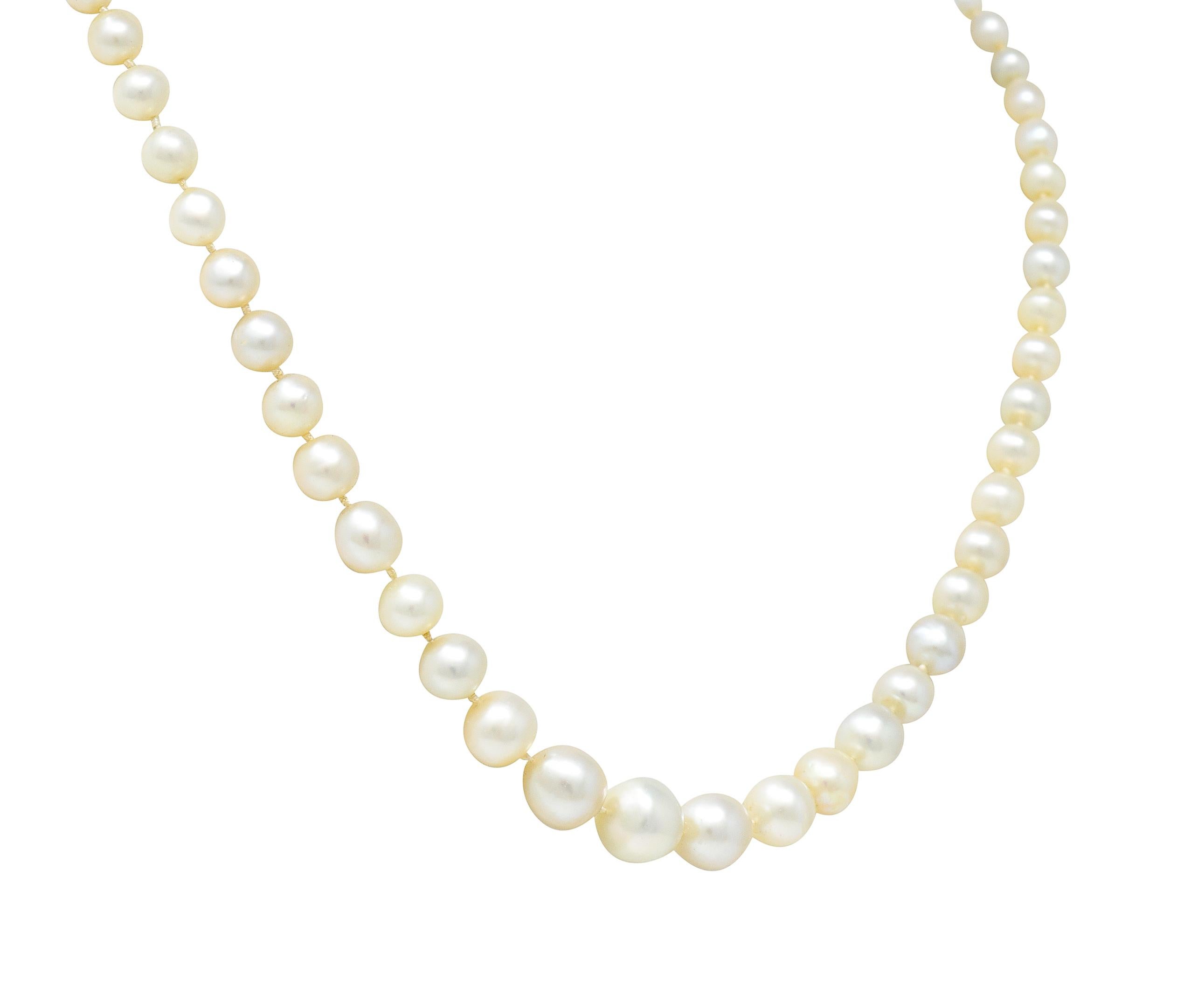 Women's or Men's Edwardian Diamond Natural Saltwater Pearl Platinum-Topped 18 Karat Gold Necklace