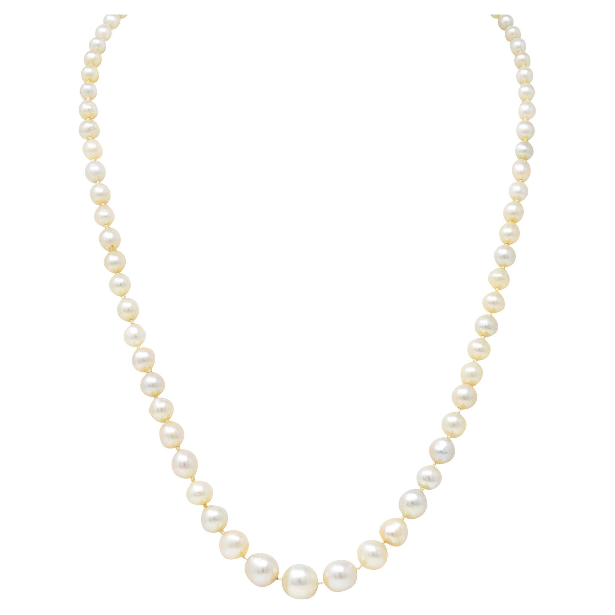 Edwardian Diamond Natural Saltwater Pearl Platinum-Topped 18 Karat Gold Necklace