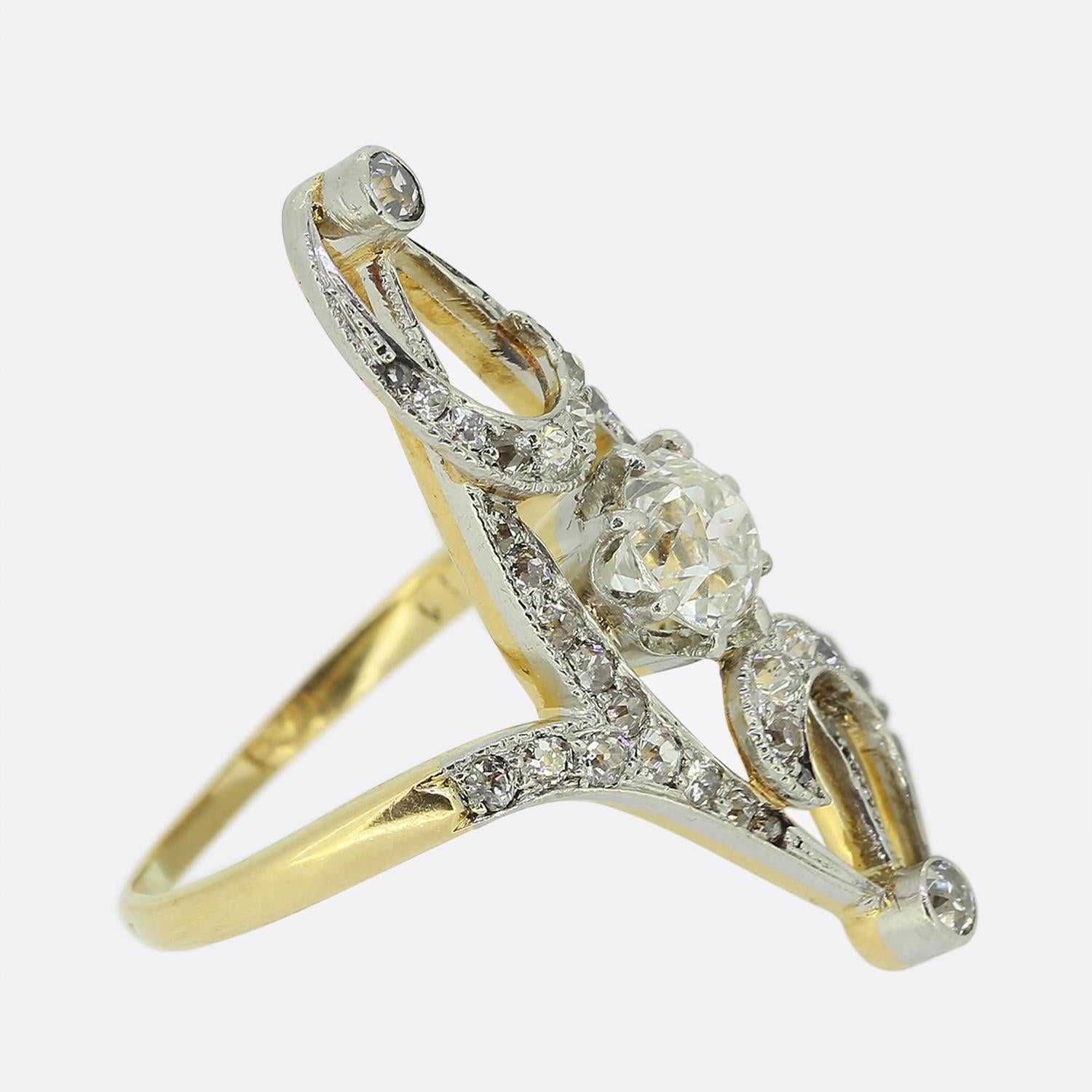 Old Mine Cut Edwardian Diamond Navette Ring For Sale