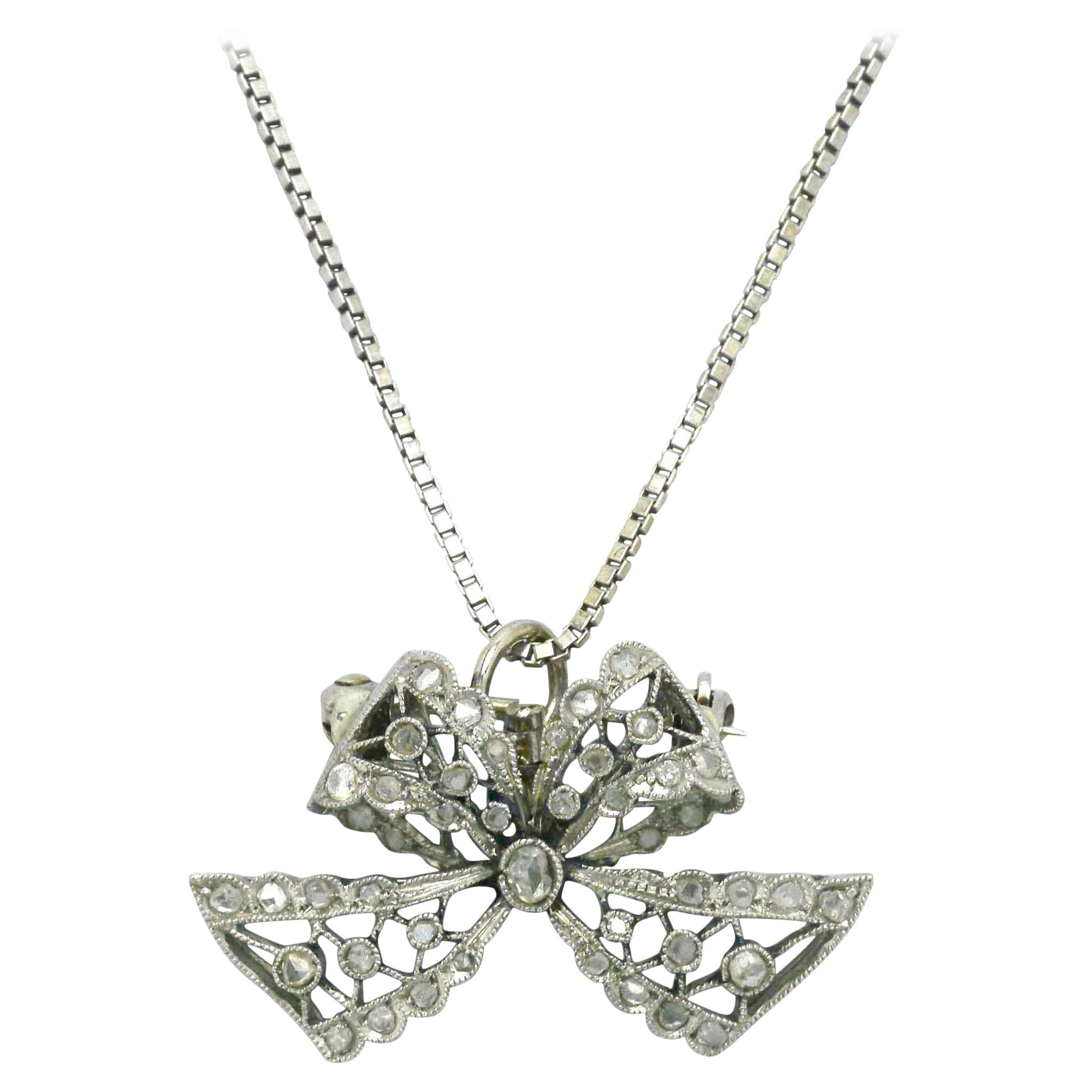 Edwardian Diamond Necklace Bow Pendant Antique Belle Époque Platinum Filigree