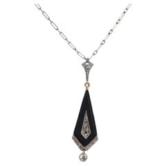 Edwardian diamond onyx 18k yellow gold platinum necklace