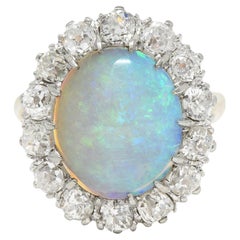 Edwardian Diamond Opal Cabochon 14 Karat Yellow Gold Antique Cluster Ring Edwardian Diamond Opal Cabochon 14 Karat Yellow Gold Antique Cluster Ring