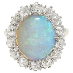 Edwardian Diamond Opal Cabochon 14 Karat Yellow Gold Antique Cluster Ring