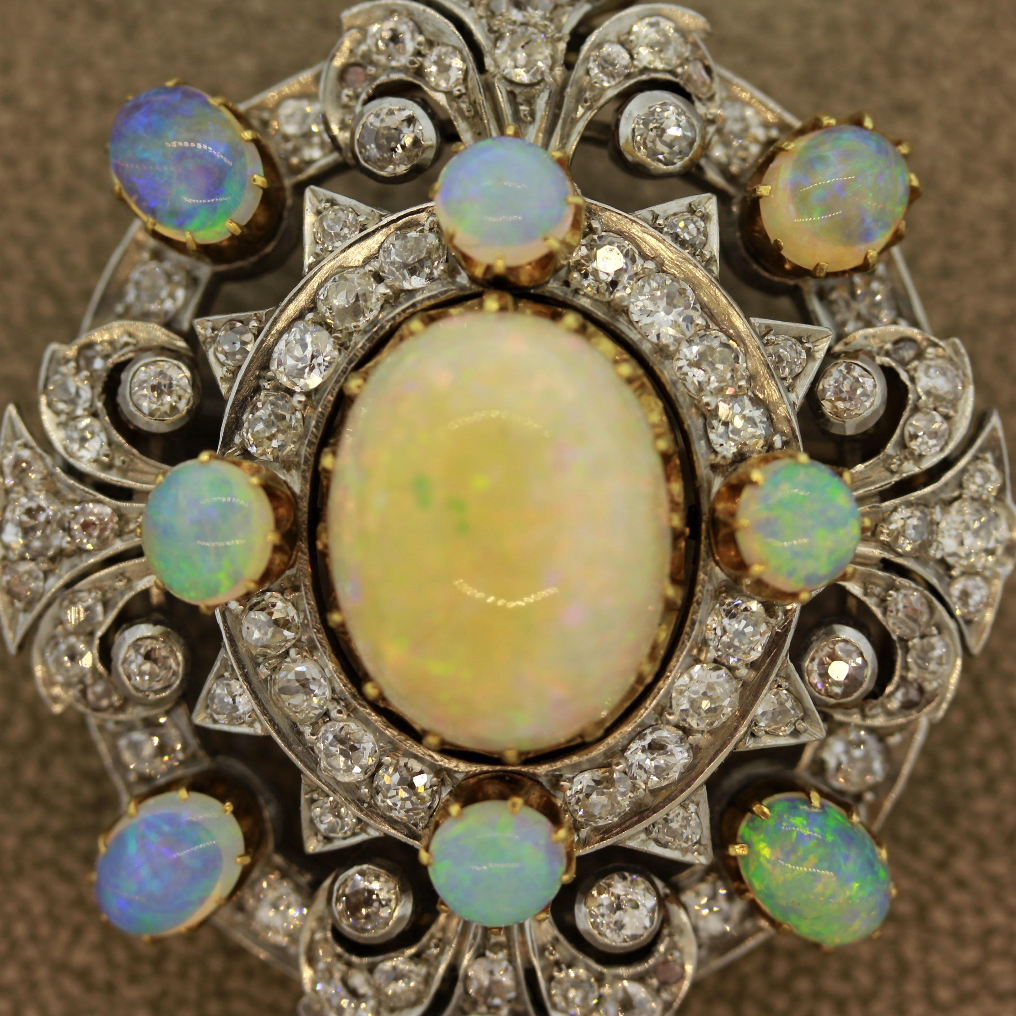 Oval Cut Edwardian Diamond Opal Pendant-Brooch