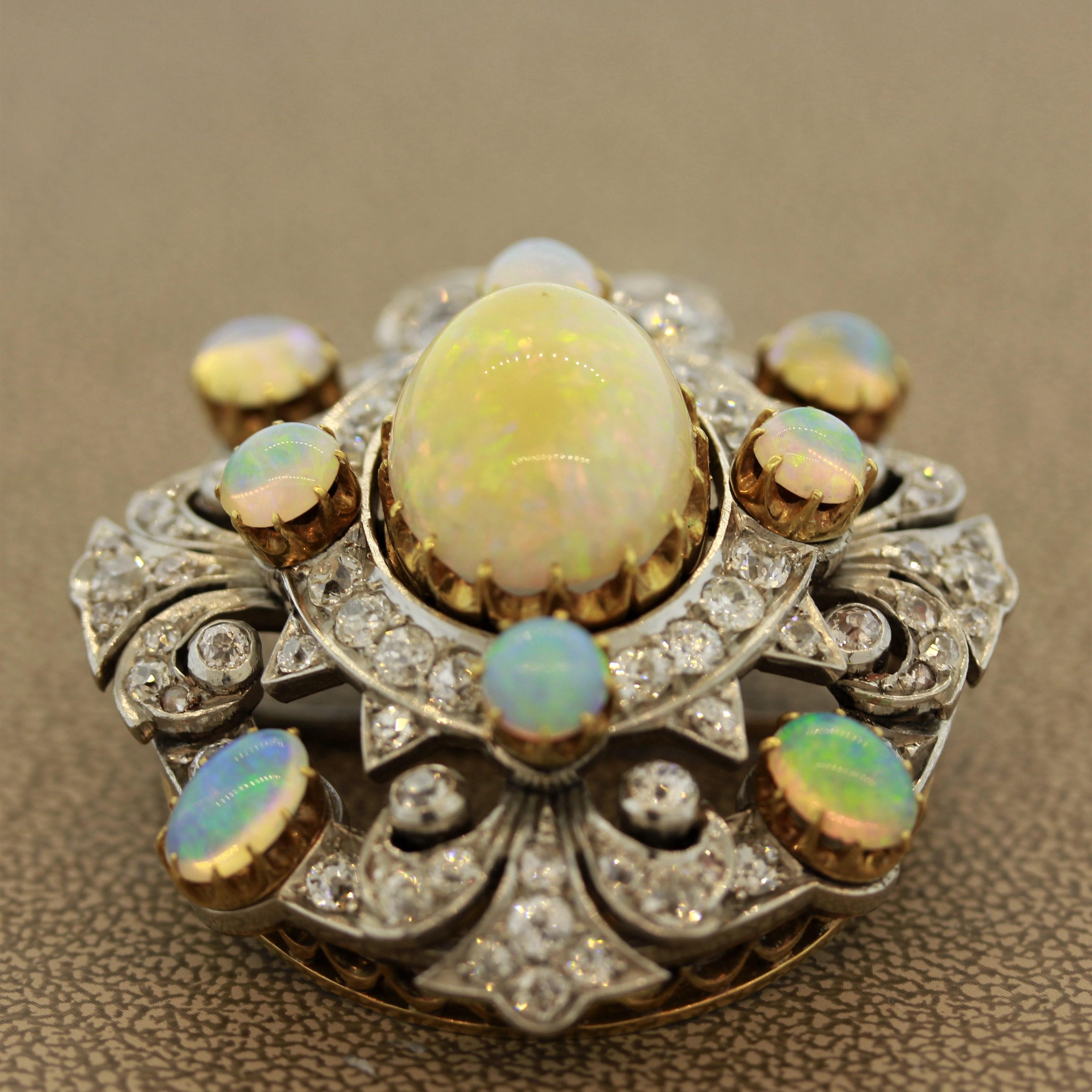 Edwardian Diamond Opal Pendant-Brooch In Excellent Condition In Beverly Hills, CA