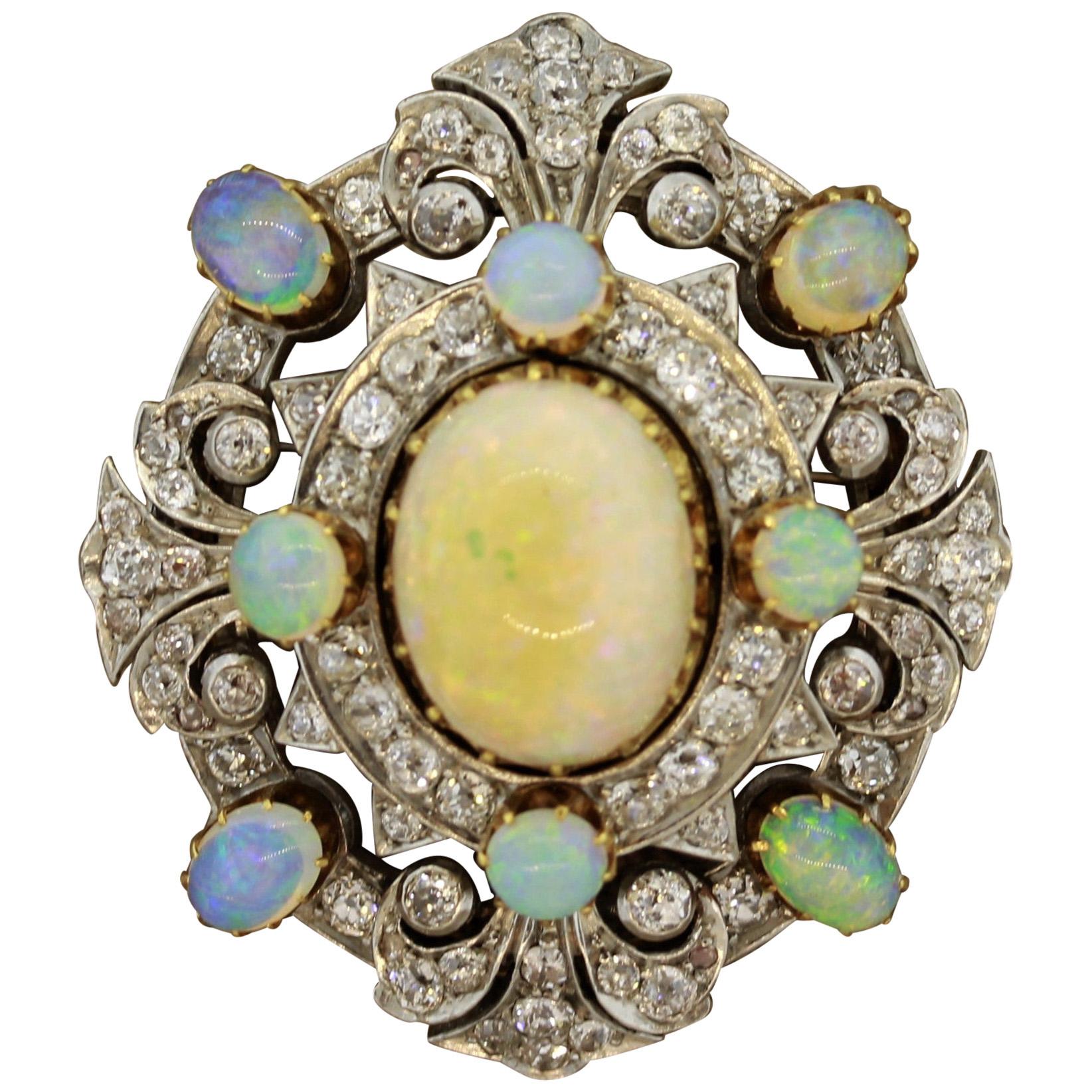 Edwardian Diamond Opal Pendant-Brooch