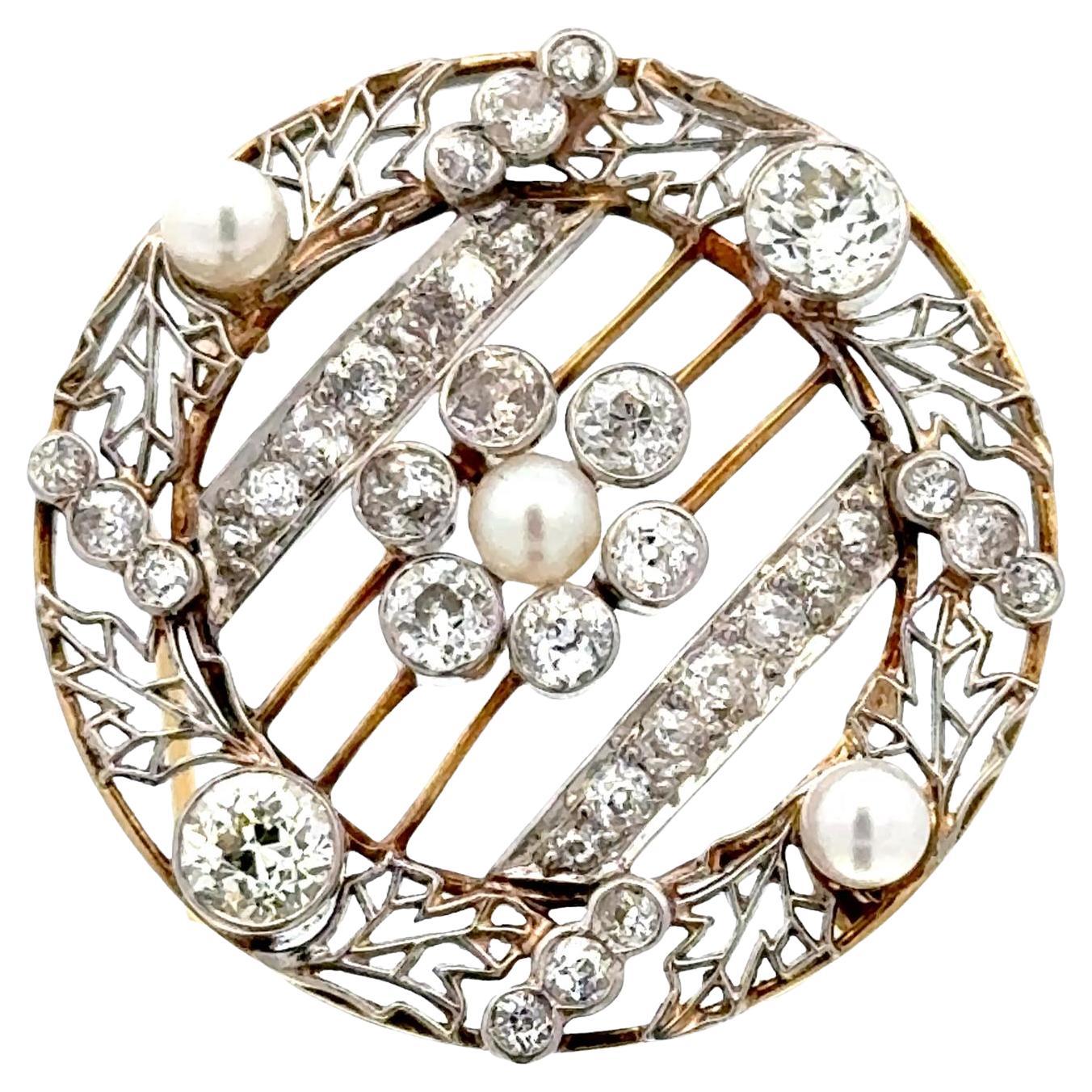 Edwardian Diamond Pearl 14KYG Platinum Circle Filigree Antique Brooch Pin