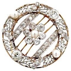 Edwardian Diamond Pearl 14KYG Platinum Circle Filigree Antique Brooch Pin