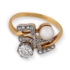 Edwardian diamond pearl 18k yellow gold Toi Et Moi ring