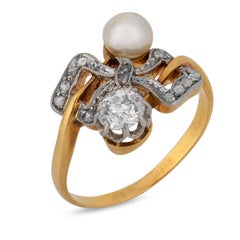 Edwardian diamond pearl 18k yellow gold Toi Et Moi ring