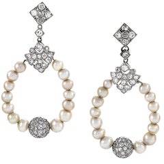 Edwardian Diamond Pearl and Platinum Ear Pendants