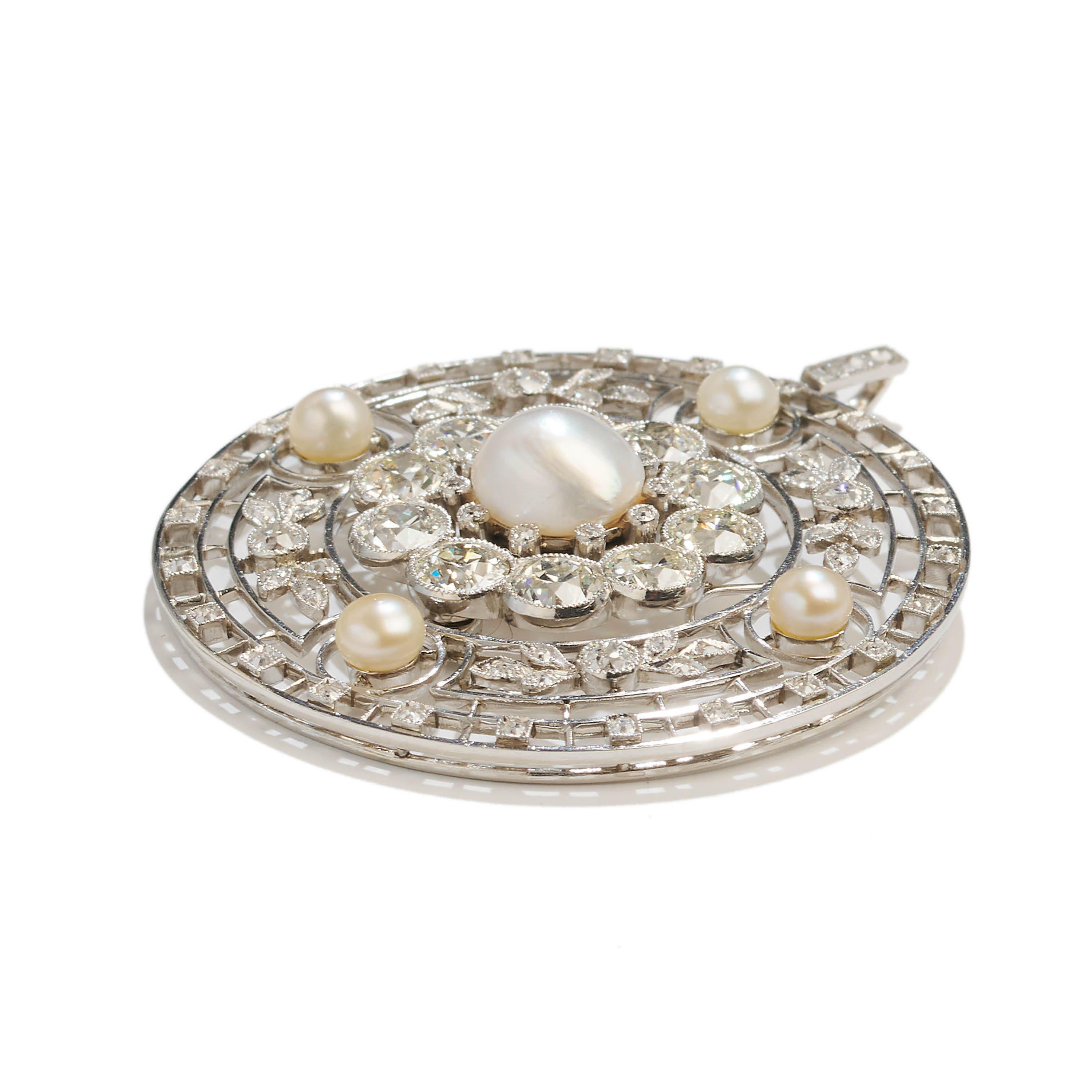 Old European Cut Edwardian Diamond Pearl and Platinum Pendant, circa 1910