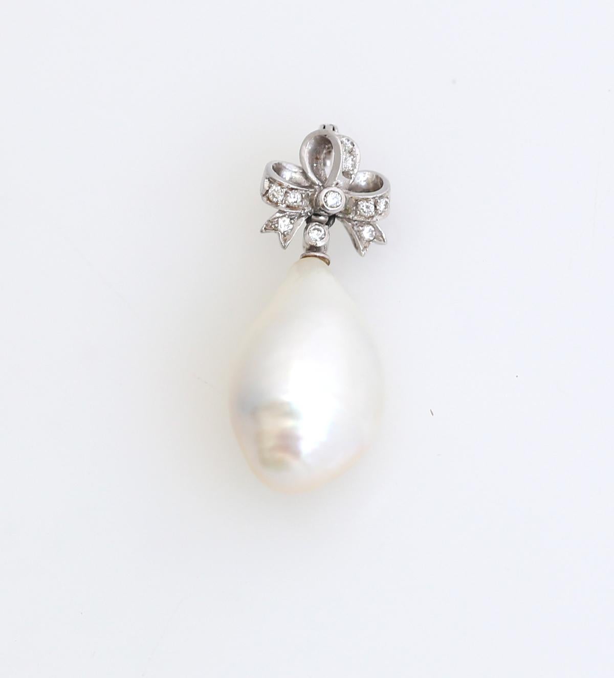 Edwardian Diamond Pearl Bow Pendant 18K White Gold, 1910 1