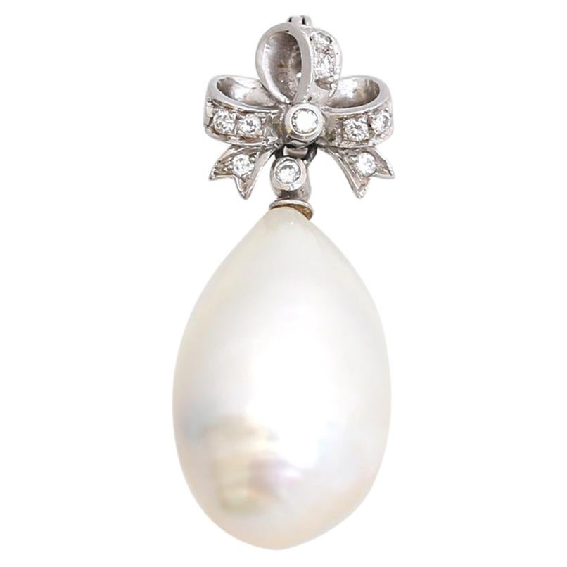 Edwardian Diamond Pearl Bow Pendant 18K White Gold, 1910