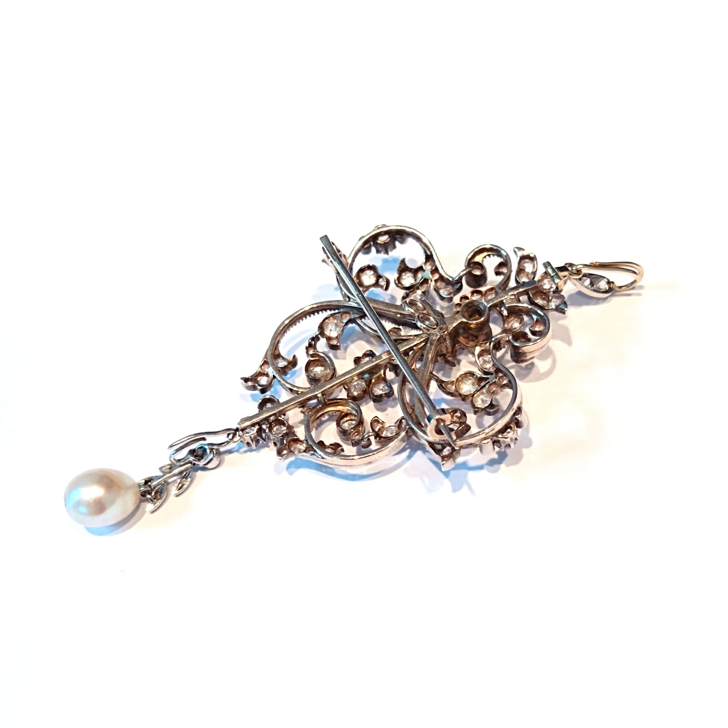 Women's or Men's Edwardian Diamond Pearl Brooch Pendant with Hair Comb