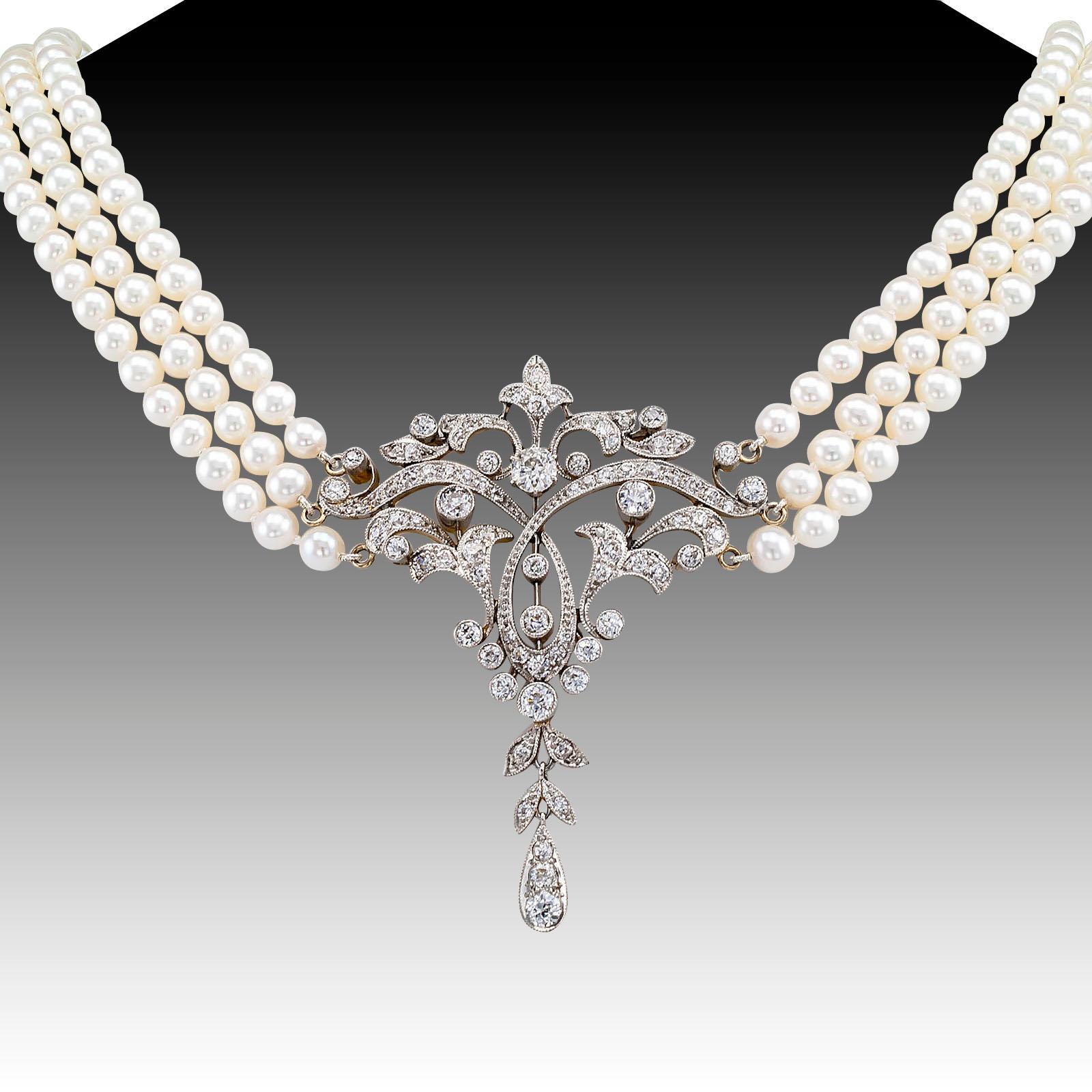 Women's Edwardian Diamond Pearl Gold Platinum Necklace